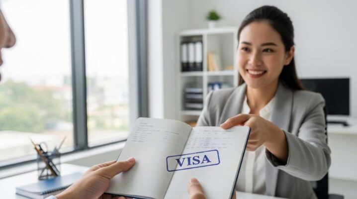 Chuyên viên tư vấn visa trao lại hộ chiếu có visa Hong Kong cho khách hàng tại văn phòng dịch vụ chuyên nghiệp.