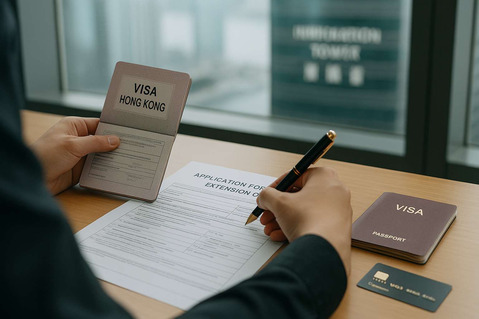 Một người đang điền đơn xin gia hạn visa lưu trú tại Hong Kong một cách cẩn thận.