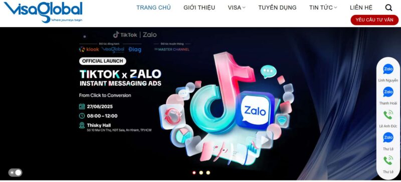 Giao diện trang chủ website VisaGlobal, nổi bật với banner sự kiện "Official Launch TikTok x Zalo Instant Messaging Ads".
