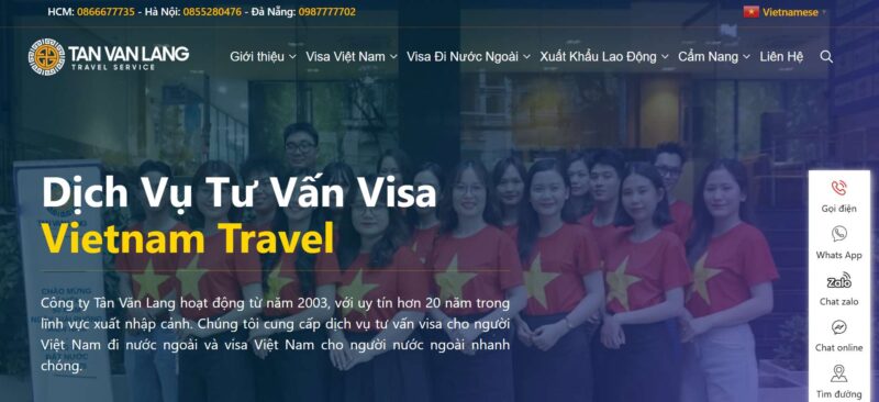 Giao diện trang chủ website Tân Văn Lang, công ty dịch vụ visa với hơn 20 năm kinh nghiệm, nổi bật với hình ảnh đội ngũ nhân viên.