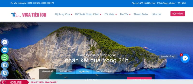 Giao diện trang chủ website Visa Tiện Ích, nổi bật với cam kết "đăng ký visa đi nước ngoài nhận kết quả trong 24h".