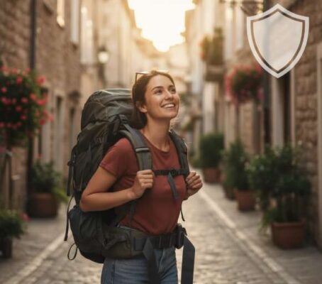 Du khách mỉm cười an tâm khám phá châu Âu, với biểu tượng lá chắn tượng trưng cho bảo hiểm du lịch.