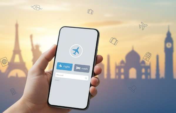 Hình ảnh một người đang dùng smartphone để đặt vé du lịch trực tuyến, nền là các biểu tượng máy bay, khách sạn và địa danh nổi tiếng