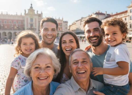 Một gia đình Việt Nam nhiều thế hệ đang cười rạng rỡ, chụp ảnh selfie trước một công trình biểu tượng ở châu Âu.
