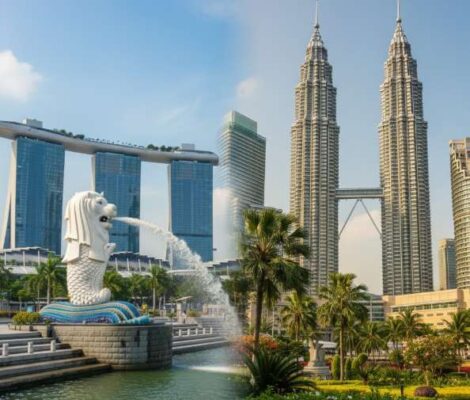 Hình ảnh kết hợp biểu tượng Merlion Singapore và Tháp đôi Petronas Malaysia, tượng trưng cho hành trình liên tuyến.