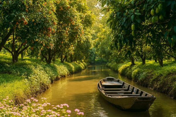 Khung cảnh miệt vườn Cần Thơ yên bình với con rạch nhỏ, chiếc thuyền gỗ và vườn cây ăn trái xanh mướt, trù phú.