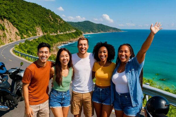 Một nhóm bạn trẻ đang vui vẻ chụp ảnh kỷ niệm trên cung đường ven biển tuyệt đẹp khi đi phượt xe máy ở Phú Yên