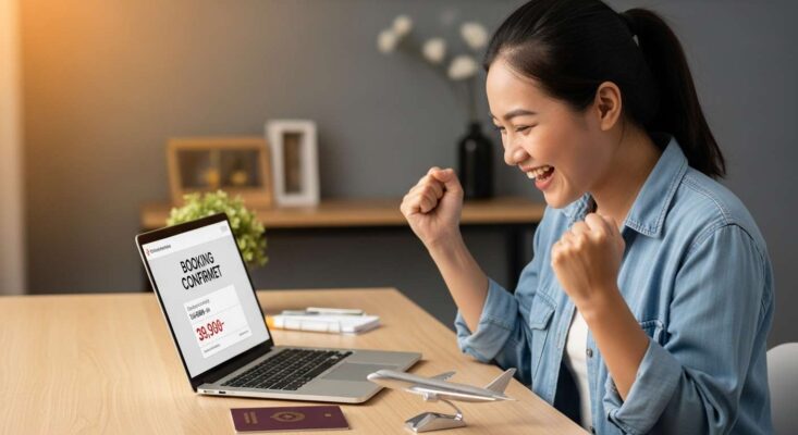Du khách Việt Nam vui mừng khi săn vé máy bay giá rẻ thành công trên laptop.