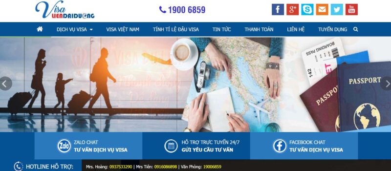 Giao diện trang chủ website Visa Liên Đại Dương, cung cấp dịch vụ visa, công cụ tính tỉ lệ đậu visa và các kênh hỗ trợ tư vấn 24/7.