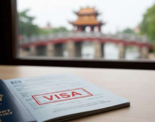 Dịch vụ gia hạn visa Mỹ uy tín tại Hà Nội, với hình ảnh hộ chiếu và visa Mỹ, nền mờ Hà Nội.