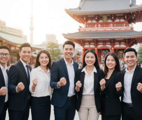 Đoàn doanh nhân Việt Nam chụp ảnh thành công tại Tokyo, Nhật Bản, nhờ dịch vụ visa đoàn uy tín tại Hà Nội.