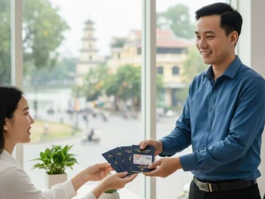 Dịch vụ visa đoàn Trung Quốc tại Hà Nội uy tín, với chuyên viên đang xử lý xấp hộ chiếu của đoàn khách.
