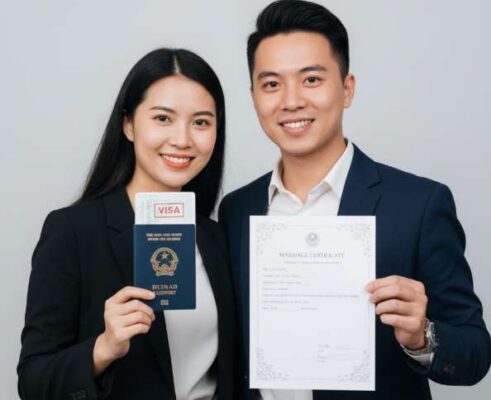 Cặp đôi Việt - Đài hạnh phúc cầm hộ chiếu có visa và giấy đăng ký kết hôn, sử dụng dịch vụ tại Hà Nội.