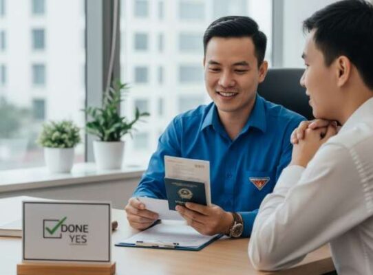 Dịch Vụ Visa Lao Động Hàn Quốc Tại Hà Nội 2025 - Uy Tín, Trọn Gói 3 Chuyên viên Done Yes đang tư vấn visa lao động Hàn Quốc cho khách hàng tại văn phòng Hà Nội.