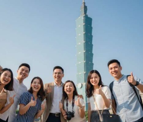 Đoàn du khách Việt Nam vui vẻ chụp ảnh tại tháp Taipei 101, Đài Loan, minh họa cho dịch vụ visa Quang Hồng tại Hà Nội.