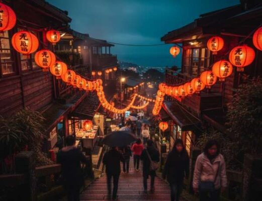Dịch Vụ Visa Du Lịch Tự Túc Đài Loan Tại Hà Nội – Thủ Tục Đơn Giản, Nhận Visa Chỉ Sau Vài Ngày 3 Khung cảnh phố cổ Cửu Phần, Đài Loan rực rỡ về đêm với những chiếc đèn lồng đỏ đặc trưng.