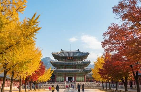 Hình ảnh Cung điện Gyeongbokgung, Hàn Quốc vào mùa thu lá vàng rực rỡ, banner bài viết xin visa du lịch.