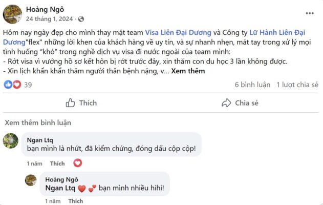 Đánh giá tích cực của khách hàng về dịch vụ Visa Liên Đại Dương