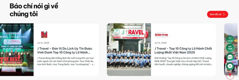 J Travel được báo chí vinh danh Top 10 Công ty Lữ hành chất lượng nhất Việt Nam 2025. Chuyên tour Châu Âu, tour Anh Quốc, tour Trung Quốc, tour "no shopping".