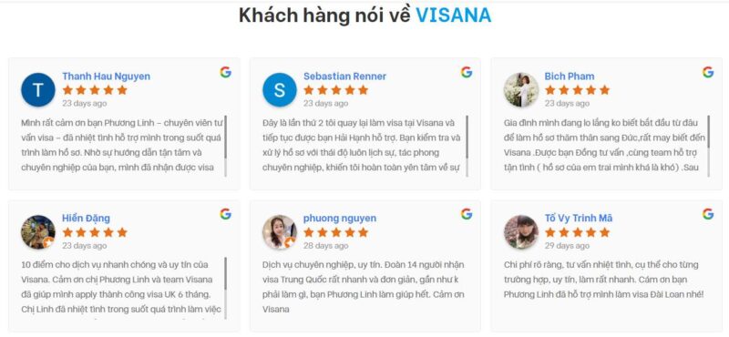 Top 10 công ty visa uy tín tại Quận 1 51 Khách hàng đánh giá dịch vụ xin visa của VISANA. Nhiều phản hồi tích cực về sự chuyên nghiệp, tận tình, hỗ trợ hồ sơ nhanh chóng, uy tín và tỷ lệ đậu cao.