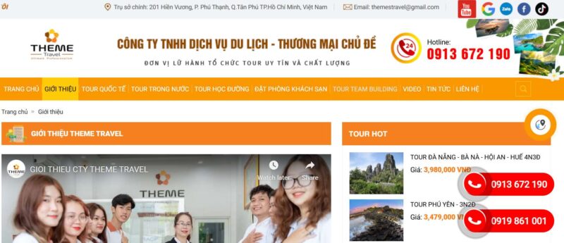 Theme Travel - Công ty du lịch & thương mại tại Quận Tân Phú, TP.HCM. Chuyên tổ chức tour đoàn, team building, hội nghị, hội thảo, dịch vụ vé máy bay, visa, khách sạn. Địa chỉ: 201 Hiền Vương, P. Phú Thạnh, Tân Phú. Hotline: 0913 672 190.