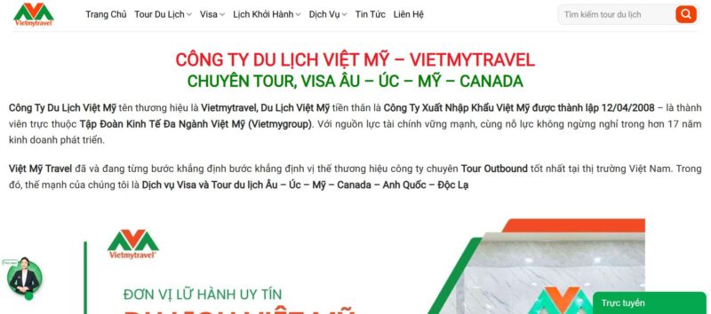 Vietmytravel - Công ty du lịch và dịch vụ visa tại Quận Tân Phú, TP.HCM. Chuyên tour Mỹ, Úc, Canada, Châu Âu và tư vấn visa chuyên nghiệp. Địa chỉ: 85/31 Nguyễn Thế Truyện, P. Tân Sơn Nhì, Tân Phú. Hotline: 0964 51 51 51.