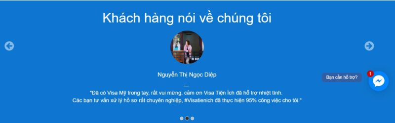 Khách hàng Nguyễn Thị Ngọc Diệp chia sẻ về dịch vụ Visa Tiện Ích: "Đã có Visa Mỹ trong tay, rất vui mừng, cảm ơn Visa Tiện Ích đã hỗ trợ nhiệt tình. Các bạn xử lý hồ sơ rất chuyên nghiệp, thực hiện 95% công việc cho tôi."