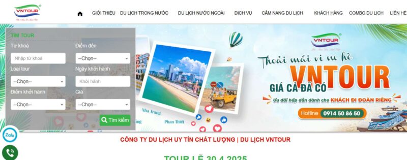 VNTOUR - Công ty du lịch uy tín tại Quận Tân Bình, TP.HCM. Tổ chức tour du lịch trong nước & quốc tế, combo du lịch, dịch vụ MICE, tour đoàn riêng, vé máy bay. Địa chỉ: 39B Trường Sơn, P.4, Tân Bình. Hotline: 0914 50 86 50.