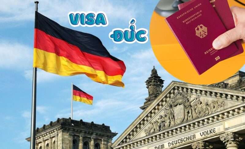 hồ sơ visa Đức với hộ chiếu và quốc kỳ Đức