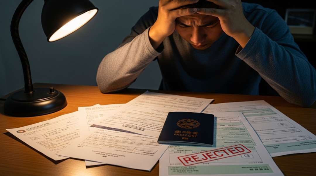 7 Lý Do Khiến Bạn Dễ Trượt Visa Hong Kong Và Cách Tránh 22 Một người đang cảm thấy thất vọng và căng thẳng bên cạnh bộ hồ sơ xin visa Hong Kong bị từ chối.