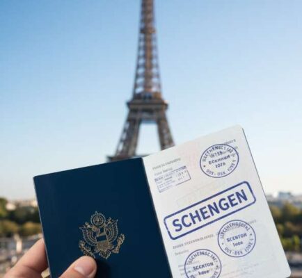 Dịch Vụ Visa Du Lịch Pháp Tự Túc Uy Tín Tại TP.HCM – Hồ Sơ Chuẩn, Có Visa Nhanh Từ 7 Ngày 3 Hộ chiếu có visa Schengen (visa Pháp) trên nền mờ Tháp Eiffel, Paris, minh họa dịch vụ visa Pháp tại TP.HCM.