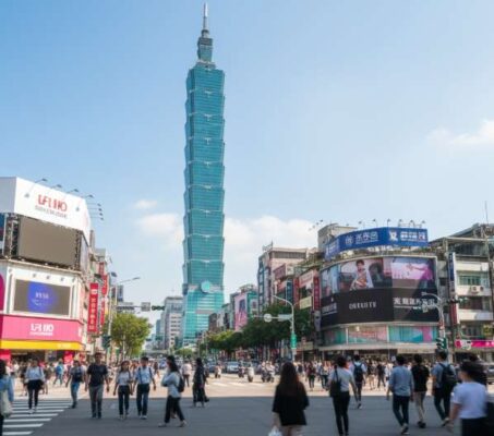 Hình ảnh tháp Taipei 101 và đường phố Đài Loan tấp nập, minh họa cho dịch vụ visa du lịch tự túc tại TP.HCM.
