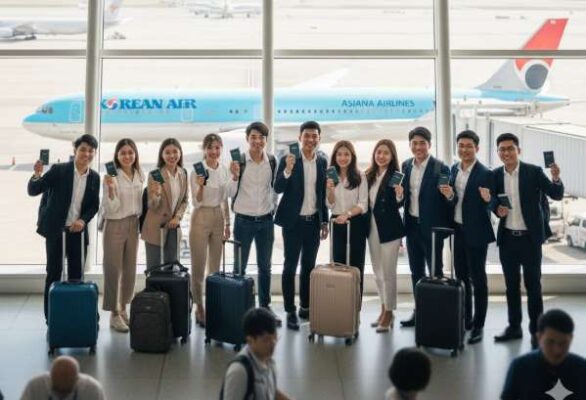 Nhóm lao động Việt Nam tươi cười tại sân bay, chuẩn bị đi Hàn Quốc làm việc.