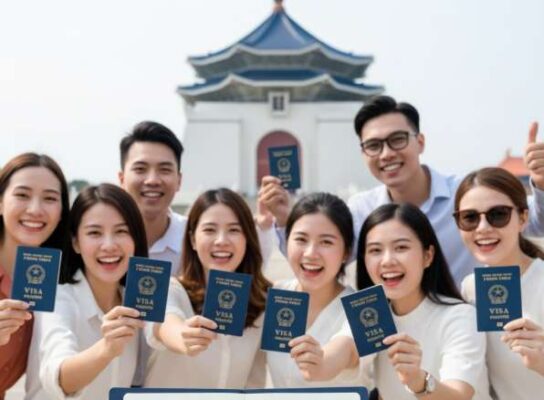 Nhóm du khách Việt Nam vui mừng cầm hộ chiếu có visa Quang Hồng Đài Loan, sẵn sàng cho chuyến du lịch.