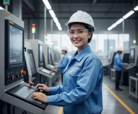 Người lao động Việt Nam đang làm việc vui vẻ trong một nhà máy hiện đại tại Nhật Bản, minh họa cho dịch vụ XKLĐ Nhật Bản tại TPHCM.