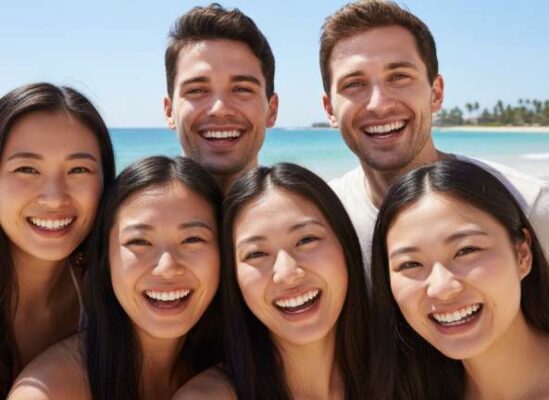 Một nhóm bạn trẻ đang cười rạng rỡ và cùng nhau chụp ảnh selfie trên một bãi biển đẹp.