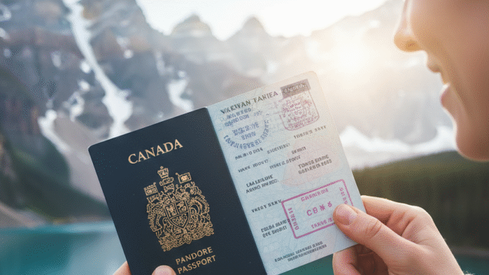 Hộ chiếu mở ra với nền là cảnh đẹp thiên nhiên hùng vĩ của Canada.