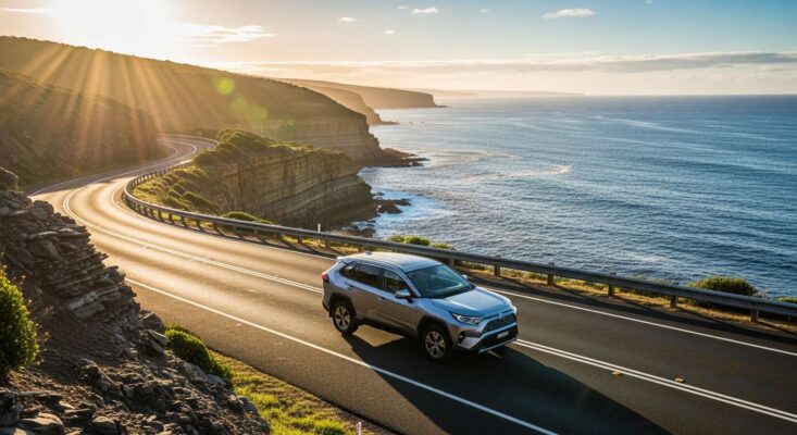 Một chiếc xe SUV màu bạc đang chạy trên con đường ven biển tuyệt đẹp của Úc vào buổi chiều tà.