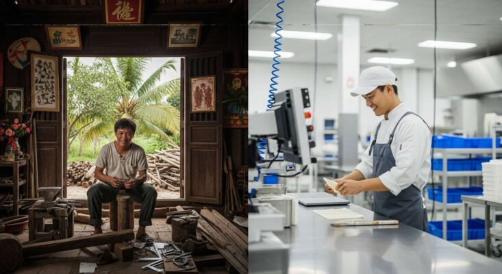 Hình ảnh người lao động Việt Nam làm việc tại Mỹ qua visa EB-3, thể hiện sự thay đổi cuộc sống.
