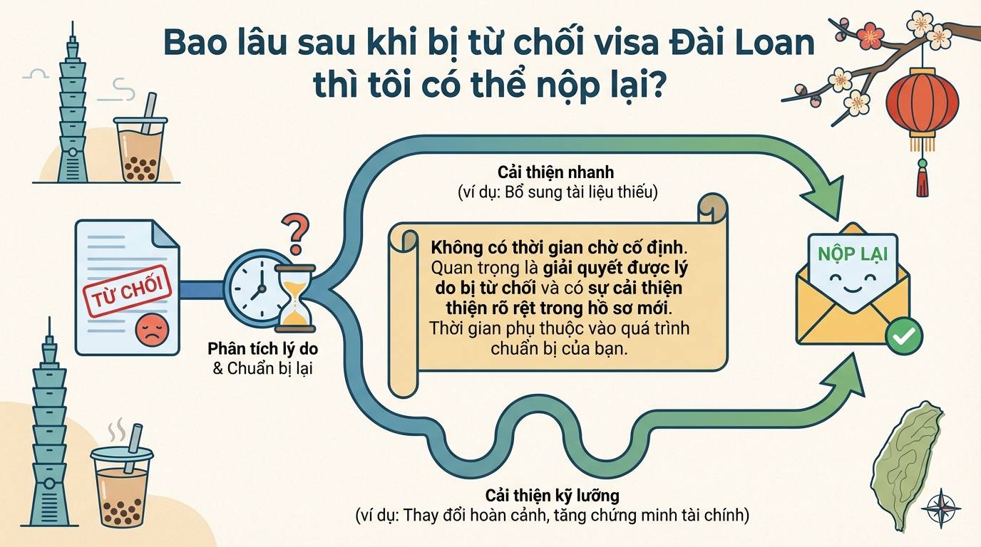 Sơ đồ phân tích lý do rớt visa Đài Loan để xác định thời điểm nộp lại: Cải thiện nhanh hoặc cải thiện kỹ lưỡng.