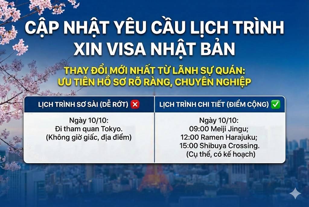 So sánh mẫu lịch trình xin visa Nhật Bản: Phân biệt giữa lịch trình sơ sài (dễ rớt) và lịch trình chi tiết theo giờ (điểm cộng), cập nhật theo yêu cầu mới nhất từ Lãnh sự quán.
