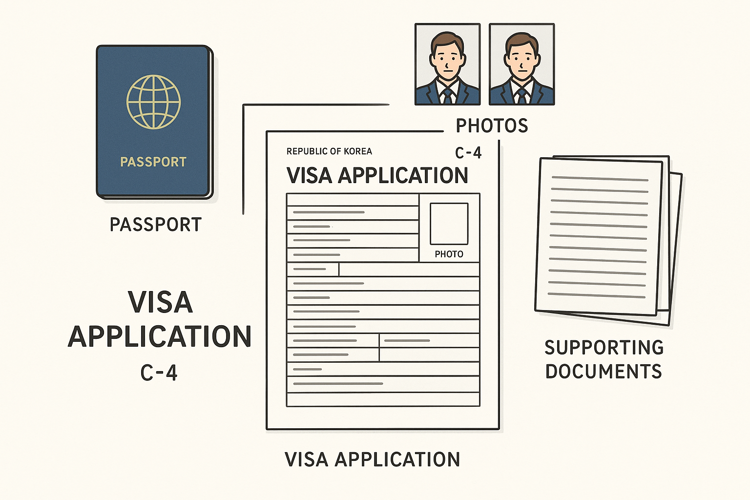 Minh họa hồ sơ xin visa C-4 Hàn Quốc với các giấy tờ cần thiết