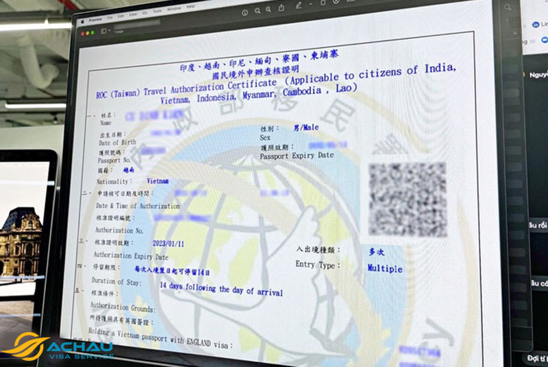 A Taiwan travel authorization certificate displayed on a computer screen showing personal details and visa validity relevant to eVisa application