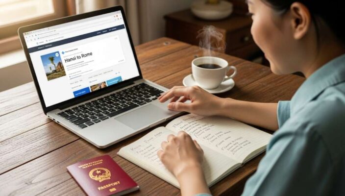 Hướng dẫn đặt vé máy bay & khách sạn tối ưu cho hồ sơ visa Ý 2025 3 len ke hoach dat ve may bay khach san cho chuyen di y voi visa y