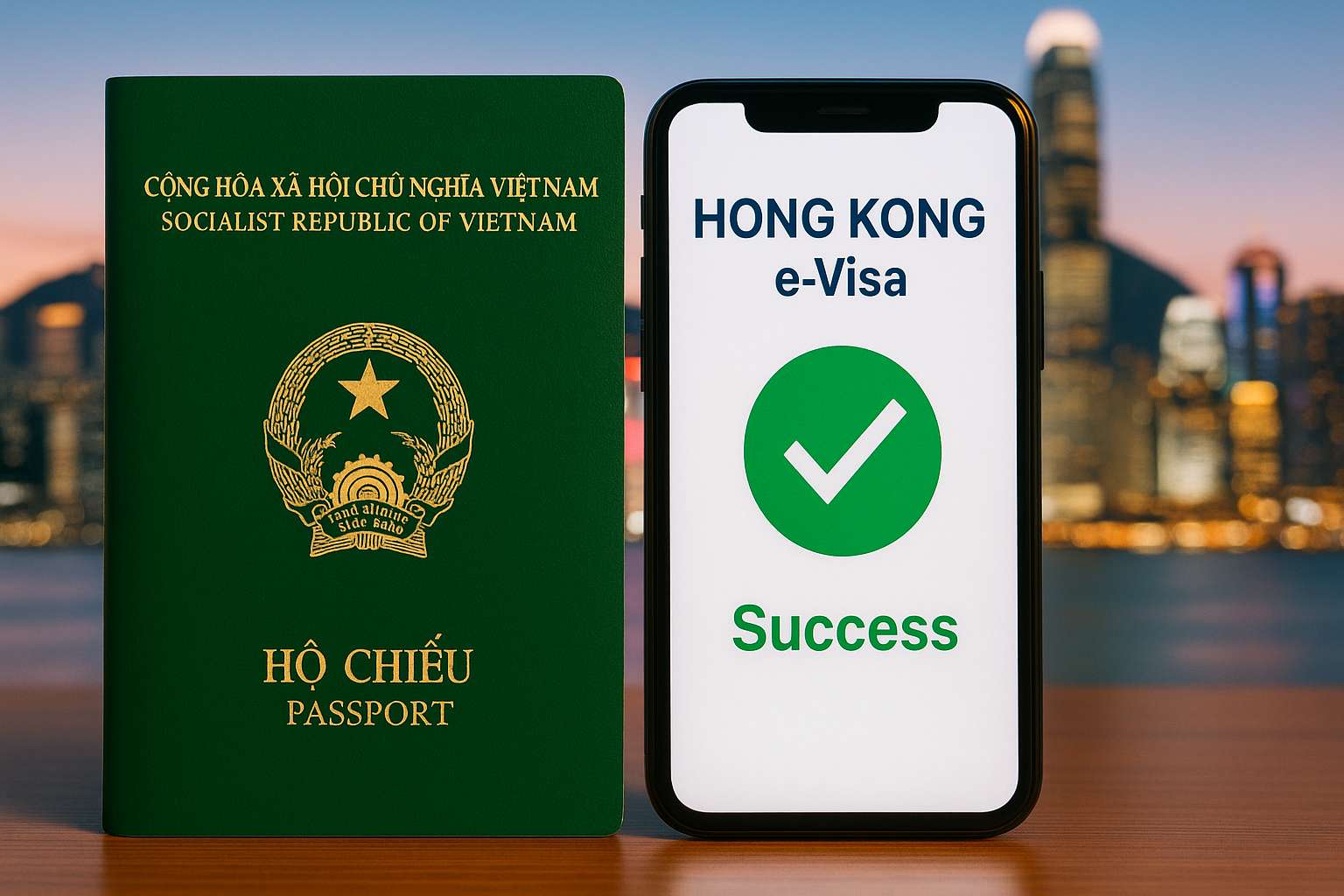 Hộ chiếu Việt Nam và điện thoại hiển thị kết quả đậu e-visa Hong Kong thành công.