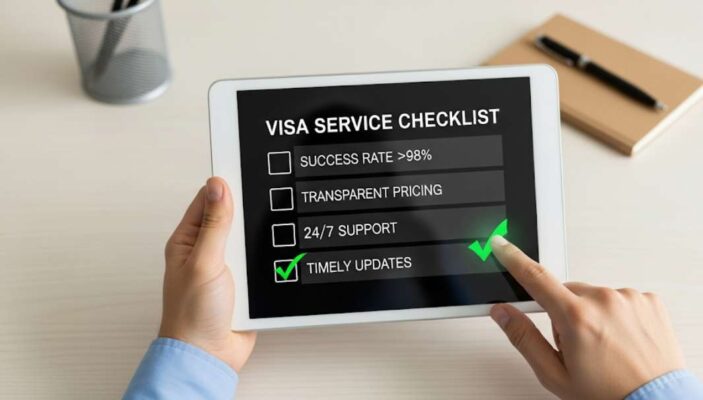 Một người đang đánh dấu vào checklist các tiêu chí lựa chọn dịch vụ visa Hong Kong uy tín trên máy tính bảng.