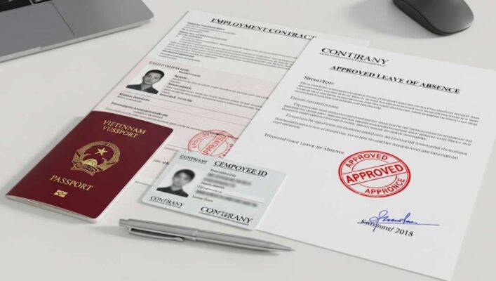 Hướng Dẫn Chứng Minh Công Việc Khi Xin Visa Hong Kong 2026 - Đầy Đủ & Chi Tiết 3 Hồ sơ chứng minh công việc xin visa Hong Kong được sắp xếp chuyên nghiệp, bao gồm hợp đồng lao động và đơn xin nghỉ phép.