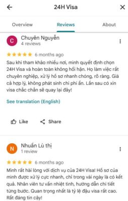 Tổng hợp đánh giá 5 sao của khách hàng về dịch vụ 24H Visa, khen ngợi sự chuyên ngh