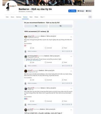 Mục đánh giá trên Facebook của Banker.vn, hiển thị tỷ lệ 100% khách hàng (trên 121 lượt) khuyến nghị dịch vụ visa.