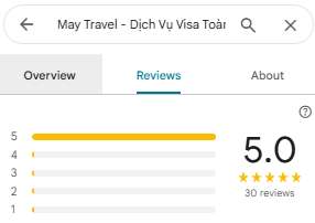 Ảnh chụp màn hình đánh giá của May Travel trên Google, hiển thị điểm số 5.0 sao tuyệt đối từ 30 lượt nhận xét, khẳng định chất lượng dịch vụ visa hoàn hảo.